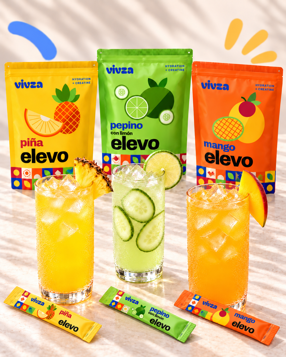 VIVZA Elevo Piña, Pepino con Limón and Mango agua frescas with matching clean stick packs