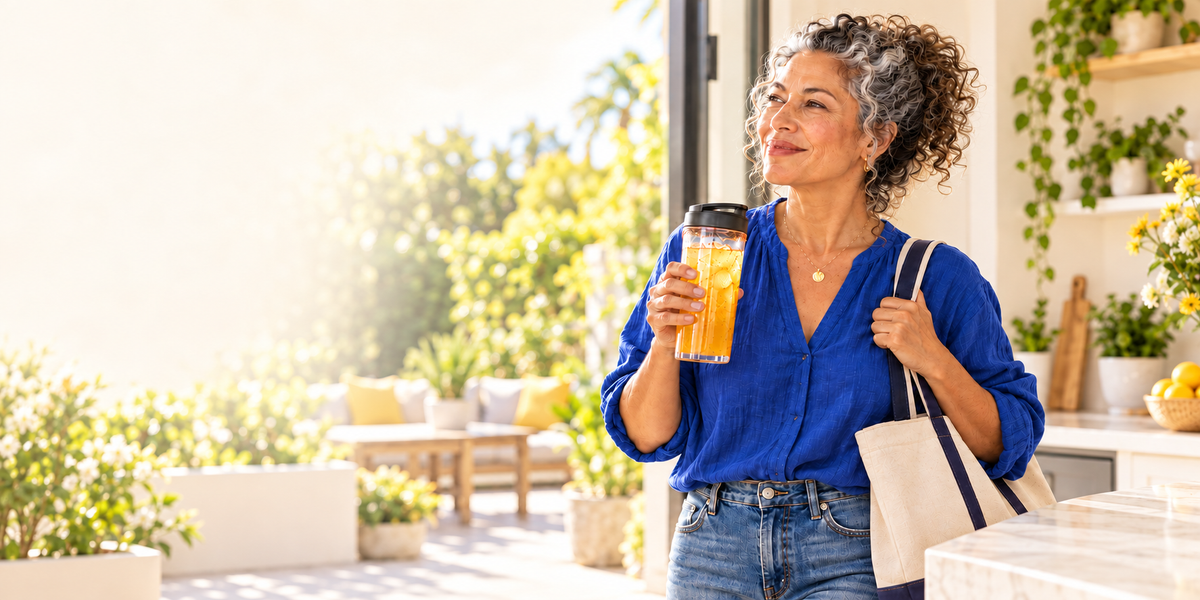 Woman enjoying her daily mango drink in a sunny home
